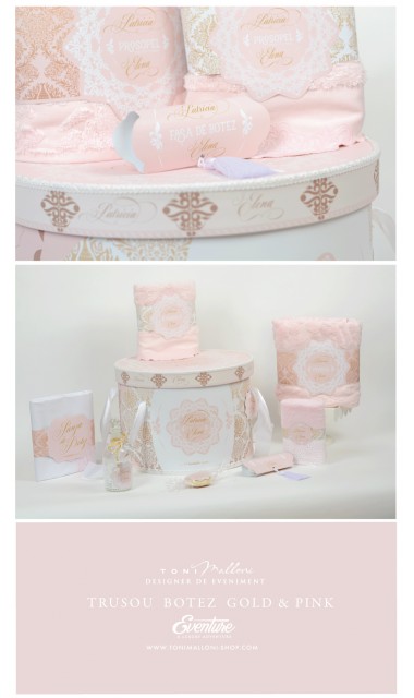 Trusou de botez clasic si elegant in nuante de alb, roz si auriu, Lacy 6